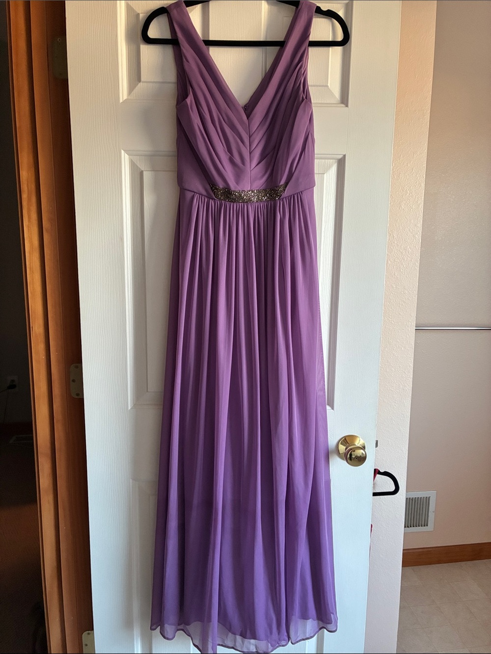 David's Bridal W11092 Long Mesh V-Neck Dress Beaded Waistband Wisteria Size 4